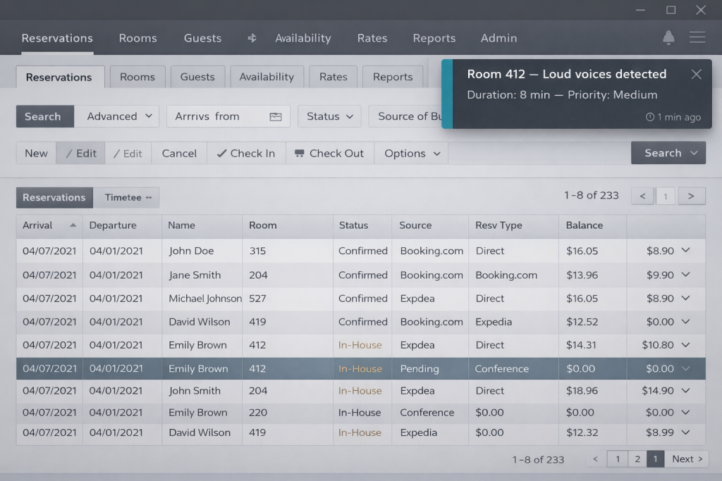 Hotel PMS sound level indicator sound alerts intergration Harmony Civic